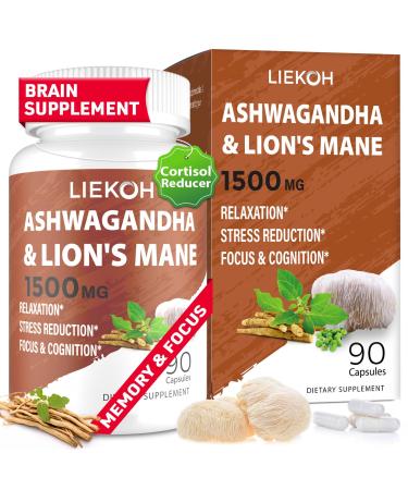 Ashwagandha & Lions Mane Supplement Capsules Brain Supplements for Memory and Focus Ashwagandha Supplement with Rhodiola & Black Peppe Cortisol Supplements for Women & Men 90 Caps 90 Count (Pack of 1)