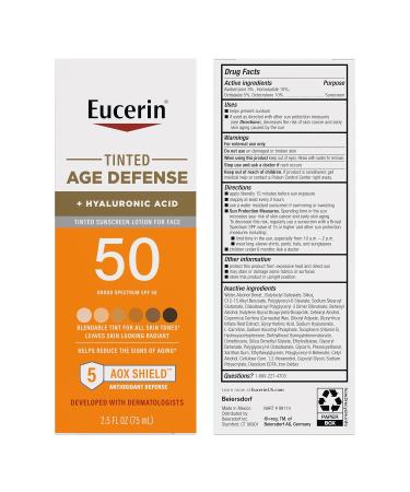 Eucerin Sun Tinted Age Defense Face Sunscreen Lotion SPF 50 with Hyaluronic Acid Tinted Sunscreen for Face Blendable Tint for All Skin Tones Non Comedogenic and Hypoallergenic 2.5 Fl Oz Bottle - Buy Online on GoSupps.com