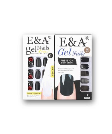 2 Pack 3D Rose Press On Nails Short For Women E&A Almond Cat Eye Fake Nails Black Magnetic False Nail Tips (Art11)