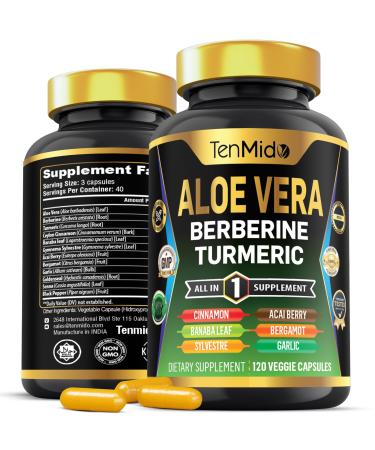 Tenmido Aloe Vera Capsules Supplement - 12in1 Formula - Combine with Berberine Turmeric Ceylon Cinnamon Banaba Leaf Gymnema Sylvestre Acai Berry Bergamot Garlic and More - 120 Capsules