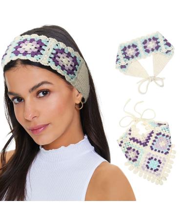HAIMEIKANG Crochet Hair Bandanas for Women-2 Pcs Hippie Headbands Head Kerchief Knitted Hair Scarves Floral Bandana Headbands for Girls(Blue)
