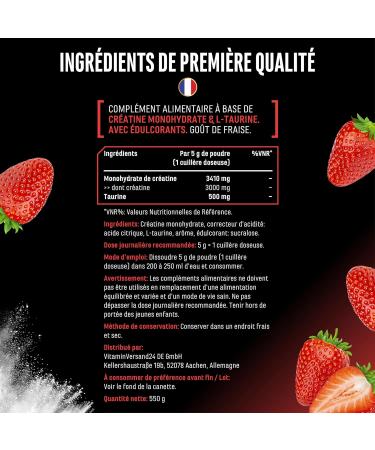 Flavoured Creatine poudre - 550 g - cr atine monohydrate + L-taurine - cr atine micronis e aromatis e - sans sucres & excellente solubilit - v gane (Strawberry) - Buy Online on GoSupps.com