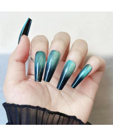 Shop Long Coffin Green Gradient Press On Nails | Cat Eye Acrylic False Nails for Women - Stylish & Easy to Apply - Buy Online on GoSupps.com