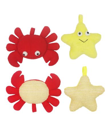 Bleu Bath (2 Pack) Animal Body Scrubber Natural Linen Shower Ball for Toddler Kids Gentle Exfoliating Bath Sponge Loofah Pouf in Yellow Starfish Red Crab with Cute Big Eyes Design