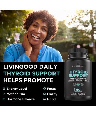 Livingood Daily Natural Thyroid Support - Thyroid Supplement with Ashwagandha, Iodine, Selenium & More - 60 Capsules - Buy Online on GoSupps.com
