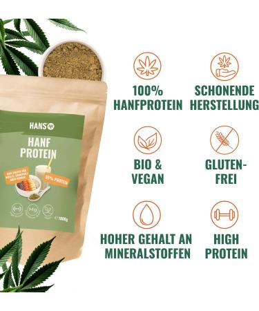 Organic Hemp Protein Powder 1000g | 55% Protein | Vegan Superfood from Germany | Additive-Free Hemp Powder with Essential Amino Acids | Hans Brainfood - Buy Online on GoSupps.com