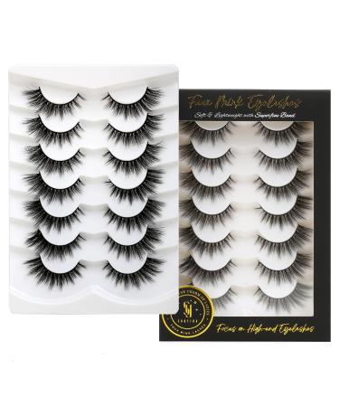 SHUYING False Eyelashes 15mm Faux Mink Lashes with Superfine Band Natural Look Fluffy Cat Eye Strip Lashes Soft Wispy Luxury Volume Fake Eyelash 7 Pairs Pack 15mm Cat Eye