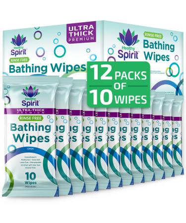 Healthy Spirit Rinse Free Body Wipes, Ultra-Thick Premium - 10 Wipes Per Pack - Box of 12 Packs (120 Wipes) (HSNRBWU10-12)