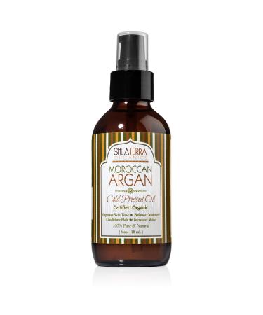 Shea Terra Moroccan Argan Cold-Pressed Extra Virgin Oil | Nutrient-Rich, All Natural & Organic Oil with Anti-Aging Vitamin A and E to Increase Skin Elasticity and Condition Dry & Damaged Hair – 4 oz Argan Oil 4 Ounce