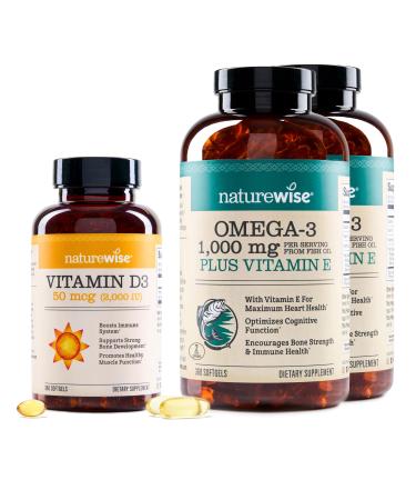 NatureWise 1 Vitamin D3 2000iu + Organic Olive Oil - 360 Mini Softgel 360-Day Supply + (Pack of 2) Omega3 Fish Oil 1000mg + Vitamin E - Wild-Caught - 360 Softgels 180-Day Supply