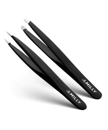 By MILLY Precision Tweezers Set  Slanted and Pointed Tips - Hammer Forged 100% German Steel - Perfectly Aligned  Hand-Filed Tips - Black
