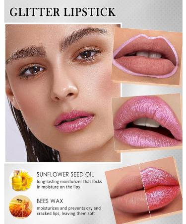 Crayon a Levre Paillet Rose Dor Nourishing Rouge L vres Longue Tenue Effet Paillettes M talliques Waterproof Lip Liner & Lipstick 2-in-1 Crayon Levre Sans Transfert Tr s Pigment pour Femme-01 01# Rose Dor  - Buy Online on GoSupps.com