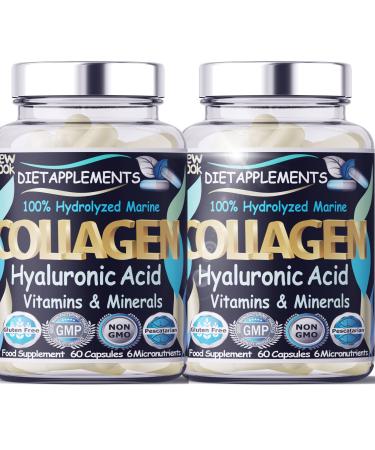 2 Bottles 120 Capsules Marine Collagen Type 1&3 1000mg Hyaluronic Acid 200mg/serving Vitamin C Zinc Copper for Immune System E B2 Iodine. Hydrolyzed Peptides Supplement.For Skin Hair Nails