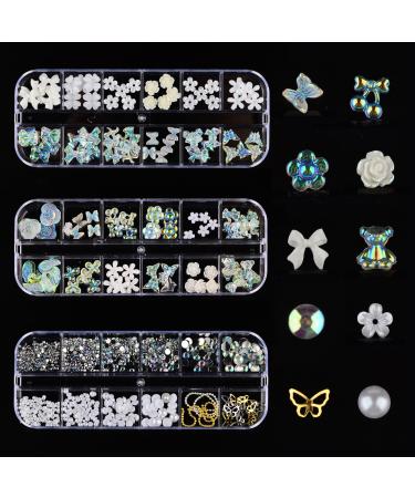 36 Grids 3D Acrylic Butterfly Flower Nail Jewelry Bear Nail Jewelry 3D Nail Jewelry Flat Nail Jewelry Stars AB Gemstones Stones Pearls Gold Metal Nails for DIY Nail Art Design Jewelry Making