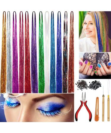 Hair Tinsel Strands Kit 12 Colors 2400 Strands Tinser Hair Extensions Pliers Pulling Hook Bead Device Tool Kits Hairpin 200pcs Black Brown Silicone Lined Micro Rings for Girls Women Fashion 12 Colors (120cm 2400 Strands)