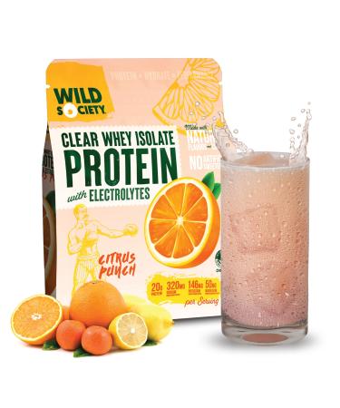 WILD SOCIETY - Premium Clear Whey Protein + Electrolytes - Refreshing Whey Protein Isolate Powder - 20g Protein 0 Added Sugar GMO-Free Natural Flavors & Colors - Citrus Punch 16 oz