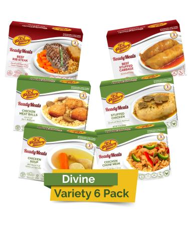 Kosher MRE Meat Meals Ready to Eat (6 Pack Divine Variety - Beef & Chicken) Prepared Entree Fully Cooked, Shelf Stable Microwave Dinner  Travel, Military, Camping, Emergency Survival Protein Food G - Divine - 6 Pack