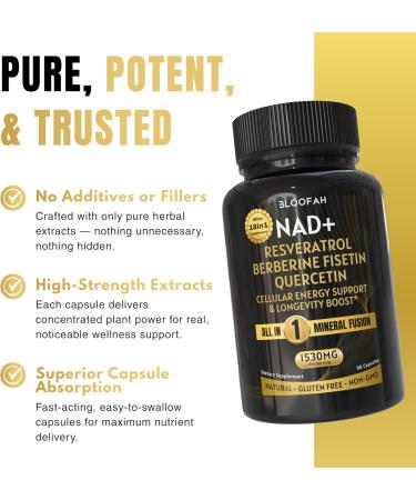 Bloofah NAD+ Supplement 1530mg - Nicotinamide Riboside with Resveratrol 18 in 1 Herbal Supplement + Green Tea for Women & Men Cellular Energy, Healthy Aging Support | 90 Vegan Capsules - Buy Online on GoSupps.com