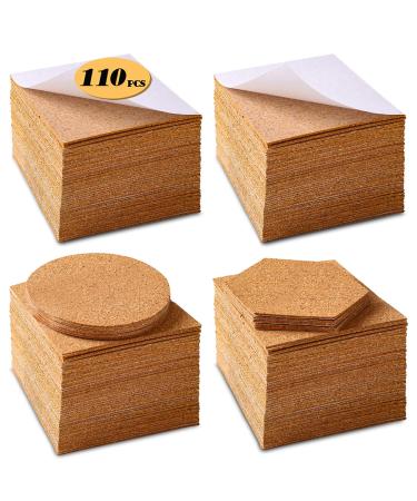 Self-Adhesive Cork Squares 110 PCS Cork Adhesive Sheets 4 x 4 Inch for Coasters and DIY Crafts, Cork Board Squares Cork Backing Sheets Mini Wall Cork Tiles Mat with Strong Adhesive 100 square +5 round +5 hexagonal