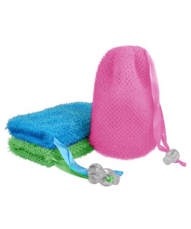 Linkidea 3 Pack Soap Bag Exfoliating Soap Saver Pouch Exfoliator Sponge Soap Pocket Drawstring Bags Body Scrubber for Bath Shower (Three Random Color) 3 Pcs