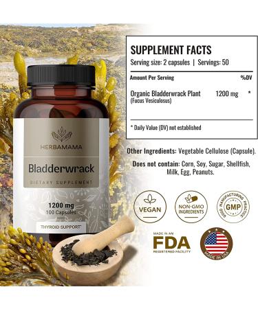 HERRBAMAMA Bladderwrack Capsules - 1200mg Natural Thyroid Support & Joint Health - Organic Vegan Supplement for Weight Management - Non-GMO Immune Booster - Buy Online on GoSupps.com