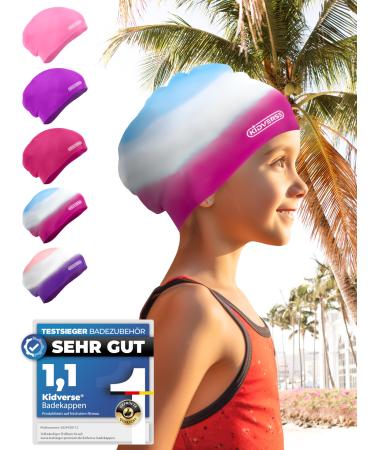 Kidverse bathing cap girl long hair 6-9 years-bathing cap children girls with anti-slip-noppy bathing hood children-UV protection swimming cap children tear-resistant & waterproof l pink-white-blue