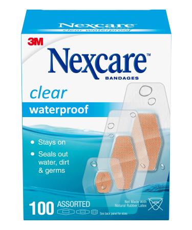 Nexcare Waterproof Clear Bandages, Covers and Protects, 360-degree seal around the pad offers exceptional protection against water, dirt, and germs, Assorted Sizes, 100 Count 100 Assorted
