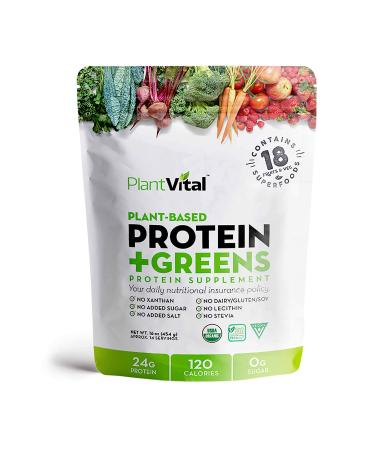 PlantVital Plant Based Protein Powder w 18 Superfoods, Veggies & Probiotics: Kale, Beets, Spirulina & More. Vegan, All BCAA’s, Organic, Non-GMO, Gluten Free Unflavoured 1 Pound (Pack of 1)
