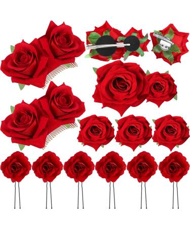 12 Pieces Rose Flower Hair Clip Rose Bridal Hair Pins Rose Brooch Wedding Hair Accessories for Women Girl Party Flamenco Dancer (Red)