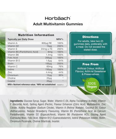 Horbaach Multivitamin Gummies with 14 essential Vitamins and Minerals contains vitamins A C D B12 and more for Men and Women Strawberry flavor Horbach - Buy Online on GoSupps.com