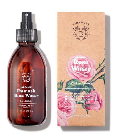 Bionoble Organic Rose Water 200ml - 100% Pure and Natural Damask Rose Hydrolat - Face Eye Contour Body Hair - Glass Bottle + Spray Rosa Damascena 200 ml (Pack of 1)