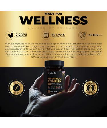 Ayorish Lions Mane 6 in1 Mushroom Supplement with Turkey Tail Reishi Cordyceps Chaga Maitake Meshima Poria Cocos Shiitake Oyster Porcini Enoki 120 Count - Buy Online on GoSupps.com