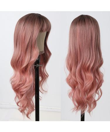 Allbell Long Wavy Pink Wigs with Bangs - Dirty Pink Synthetic Heat-Resistant Wigs for Women | Cosplay & Daily Use Hair Replacement - Buy Online on GoSupps.com