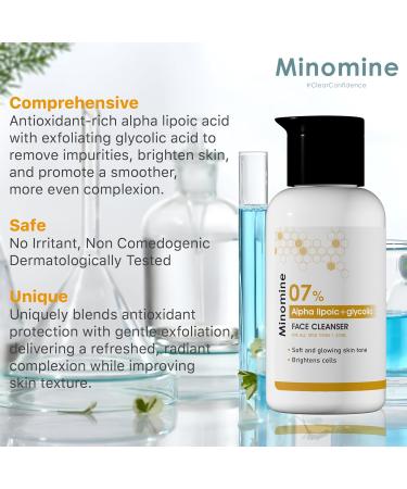 Minomine 07% Alpha Lipoic + Glycolic Face Cleanser with Vitamin B5+ Betaine | Soft and Glowing Skin Tone Brightens Cells | For Women & Men All Skin Types 6.76 Fl.oz - Buy Online on GoSupps.com
