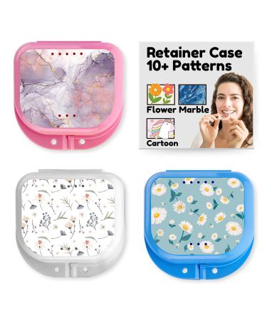 Retainer Cases Cute Retainer Holder Case 3 Pack Aligner Case with Colorful Novelty Cute Patterns Night Guard Case with Floral and Liquid Marble Patterns (White Blue Pink)