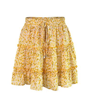 LAEMILIA Womens Elastic Waist Flared Short Skirt Floral Print Pleated Mini Skater Skirt with Drawstring M Yellow