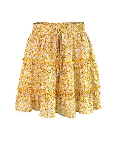 LAEMILIA Womens Elastic Waist Flared Short Skirt Floral Print Pleated Mini Skater Skirt with Drawstring XXL Yellow