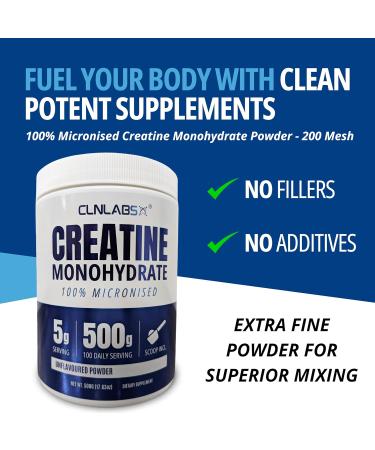 CLN Labs Creatine Monohydrate Powder 500g Tub | Fine Grade Unflavoured Supplement | Mixes Easily with Scoop | Made in UK - Buy Online on GoSupps.com