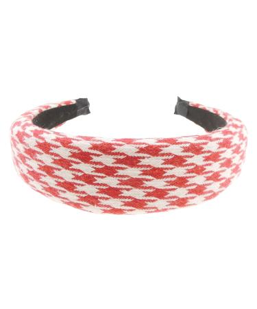 Ladies Padded Wide Big Dogtooth Houndstooth Plaid Print Headband Alice Band (Red White)