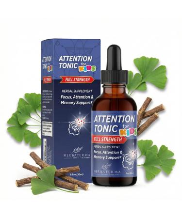 Attention Tonic for Kids Full Strength Liquid Focus Supplement Natural Concentration & Memory Support with Ginkgo Gotu Kola & Rhodiola Fast-Acting Alcohol-Free & Sugar-Free 1 fl oz (30ml)
