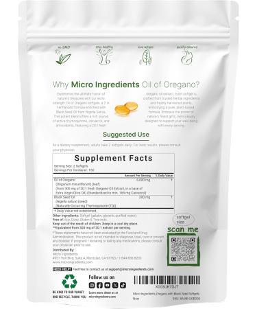 Micro Ingredients Oil of Oregano Softgels 6000mg 300 Count with Black Seed Oil | 4X Strength Carvacrol & Thymoquinone | Plant Based Non-GMO | Antioxidant & Immune Support - Buy Online on GoSupps.com