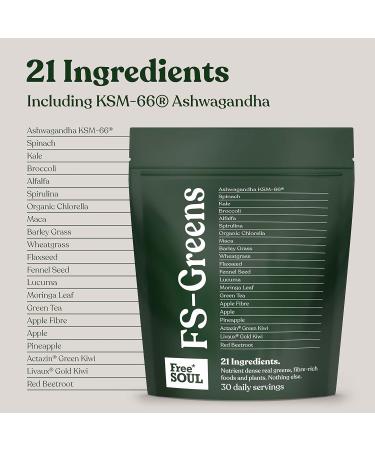 Free Soul FS-Greens Superfoods with KSM-66 Ashwagandha | Advanced Formula | Vegan & Gluten-Free | UK Made | 30 Servings - Buy Online on GoSupps.com