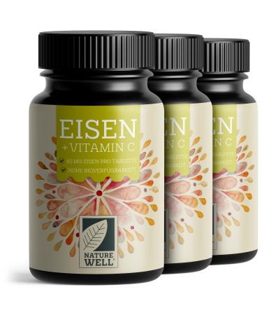 Iron tablets high -dose 3x180 with 40 mg iron + vitamin C (40mg) from rose hips - iron tablets vegan with bio -available iron high -dose made of iron bisglycinate - without undesirable additives 3x 180 tablets