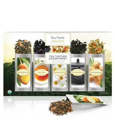 Tea Forte Single Steeps Loose Leaf Tea Sampler, Assorted Variety Tea Box, 15 Single Serve Pouches (Assorted - Tea Tasting)