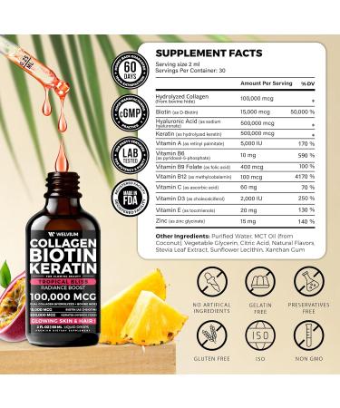 WELVIUM Liquid Biotin and Collagen Peptide Complex with Keratin Hyaluronic Acid MCT Oil Zinc Vitamins B6 B7 B12 A C D3 E - Hair Skin and Stronger Nails Supplement for Women and Men - Buy Online on GoSupps.com