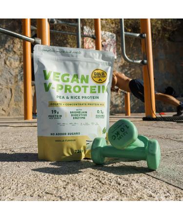  GoldNutrition GOLDNUTRITION | VEGAN V-PROTEIN | PEA AND RICE PLANT PROTEIN MIX (CHOCOLATE 240g) - Buy Online on GoSupps.com