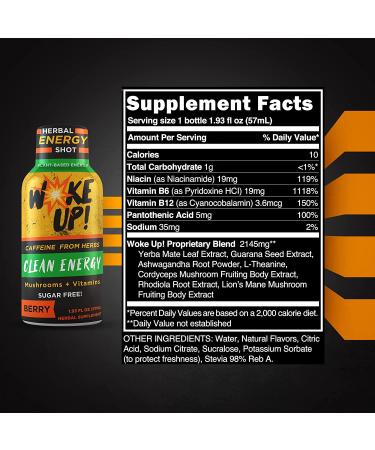 Woke Up! Energy Shot - Sugar Free Natural Energy Drink with Vitamin B12, Lions Mane & Yerba Mate - Immunity Boost, Extra Strength - Berry Flavor (12 Pack) - Buy Online on GoSupps.com