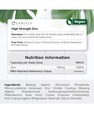Zinc Supplements 100mg | High Strength Zinc Tablets | 180 Count | Suitable for Vegetarians & Vegans | Carlyle - Buy Online on GoSupps.com