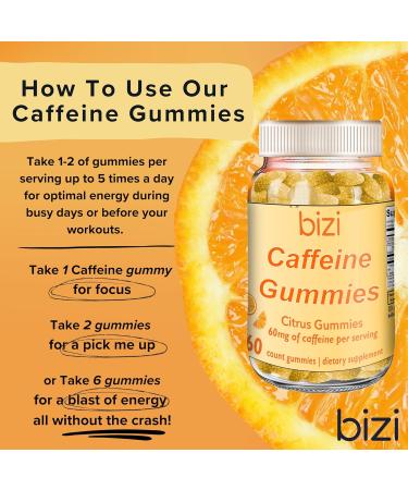 Bizi Caffeine Gummies - Energy Supplement for Focus & Boost - 30mg Caffeine per Gummy (60 ct) - Citrus Flavor for Men & Women - Buy Online on GoSupps.com