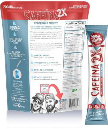 CAFEINA 2X - 200mg Caffeine and Electrolyte Infused Powder Stick Packs (18 Count) - Buy Online on GoSupps.com